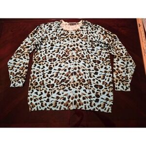 Quacker Factory Cardigan Sweater Womens Medium Blue Leopard Rhinestone Buttons